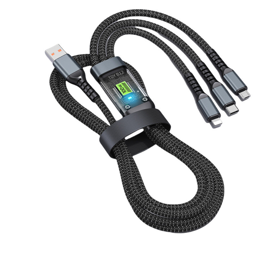 Mobile Phone Data Cable One-to-three Digital Display With Light Three-in-one Fast Charge Car Charging Cable